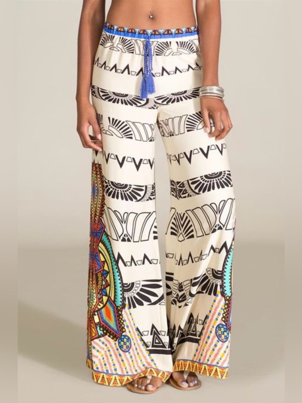 Flying Tomato Cream Wide-Leg Palazzo Pants with Multicolor Tribal Print